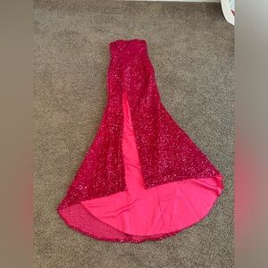 Hot pink, strapless, sequined prom dress.